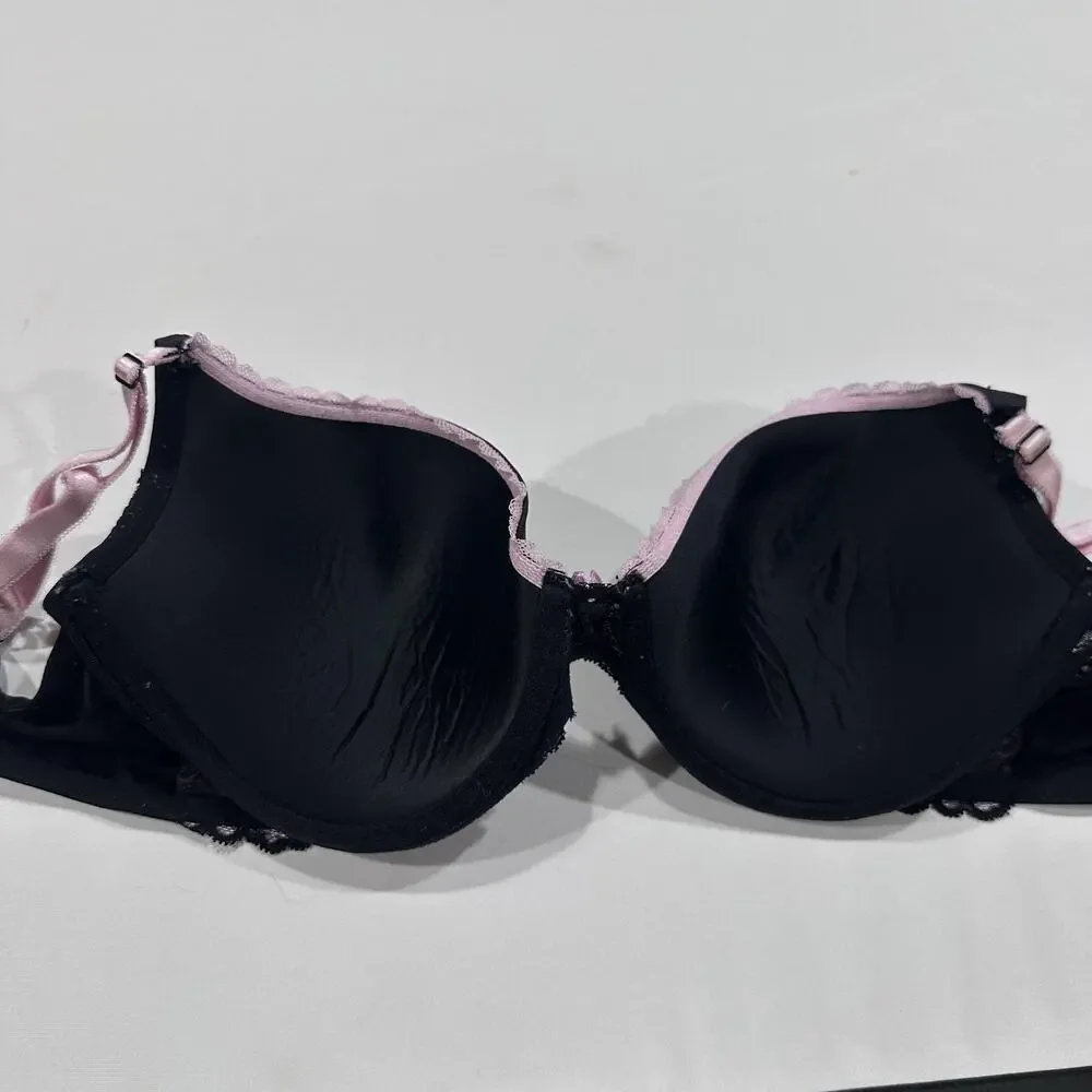 Adore Me Bra Womens 38DD Black Pink Underwire Lace Bow